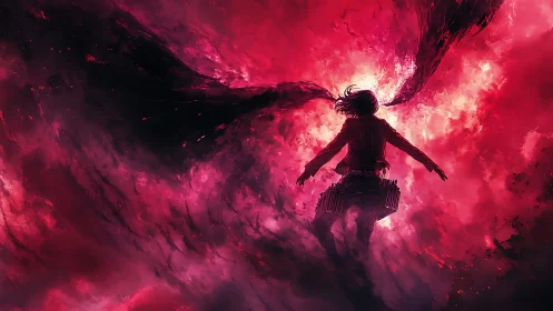 Warrior silhouette confronts swirling crimson void storm.