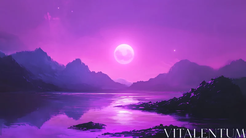 Purple moon dominates stylized mountain lake horizon scene