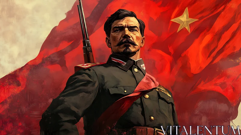 Revolutionary officer before bold red flag backdrop.