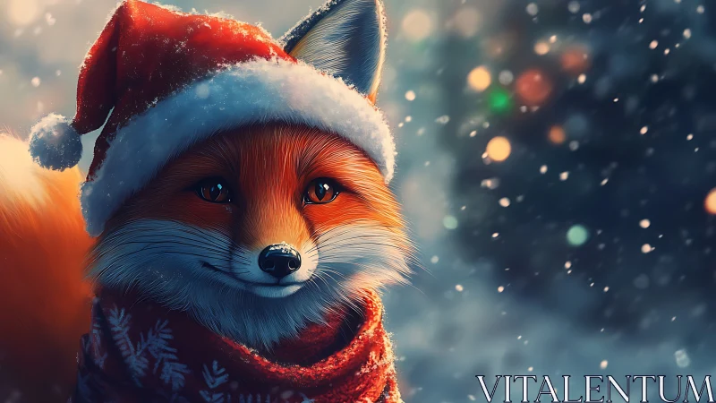 Red fox in Santa hat and scarf in snowy outdoor scene.