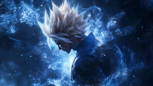 Spiky haired figure in blue energy cloud profile view.