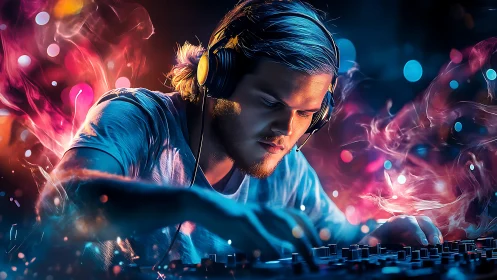 Digital DJ mixing deck under neon smoke and bokeh lights.