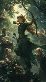 Forest elves ready their bows in sunlit woodland hush.
