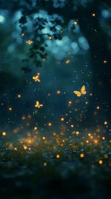 Glowing fireflies and butterflies dance in a twilight forest.