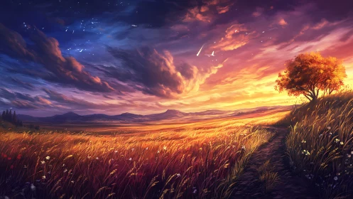 Golden meadow trail beneath blazing twilight sky.