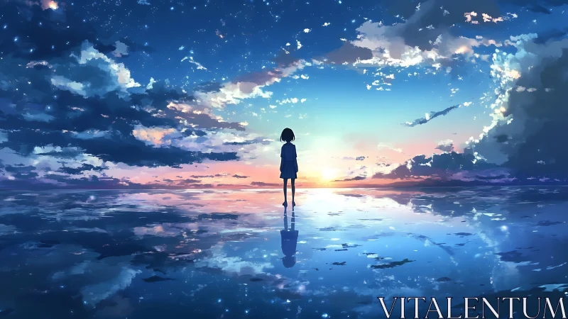 Silhouetted figure stands on reflective water at sunrise