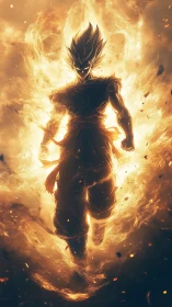 Blazing warrior strides through swirling golden flames.