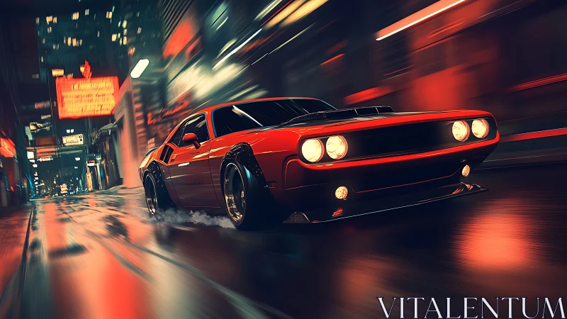 Red muscle car moves through wet neon city street at night