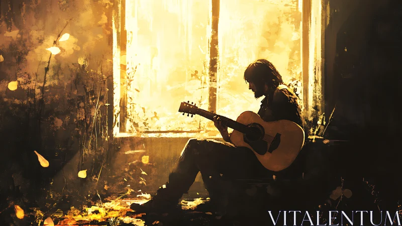 Backlit guitarist silhouette in abandoned sunlit interior