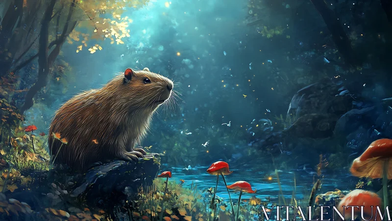 Capybara resting beside glowing forest stream at dusk.