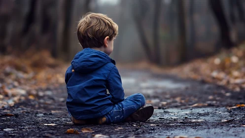 Solitary child sits on misty forest path in autumn
