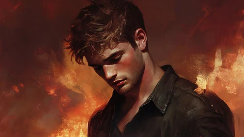 Brooding young man stands before fiery abstract backdrop