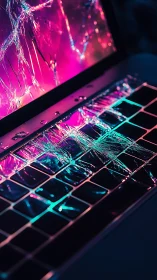Shattered laptop under neon light dramatizes digital fragility