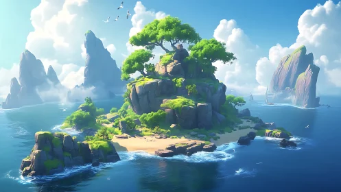 Verdant Island Archipelago: Luminous Fantasy Seascape with Crystalline Waters.