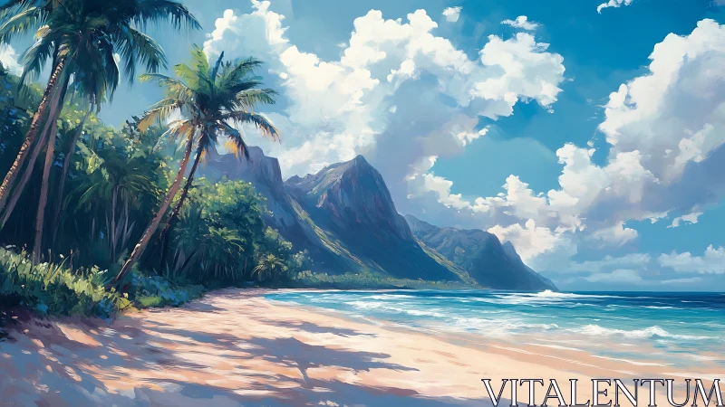Tropical Paradise Beach with Volcanic Peaks.