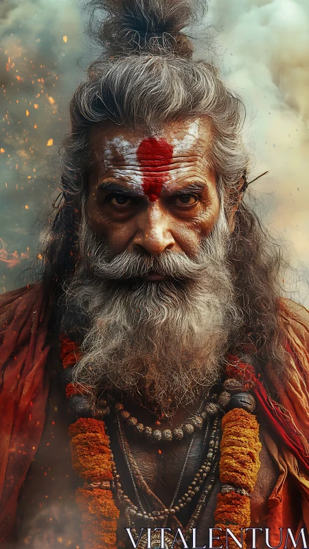 Hyper-detailed ascetic portrait with ritual markings and textured garlands