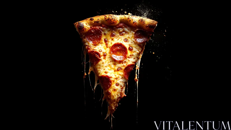Gooey pepperoni pizza slice glowing in rich golden light.