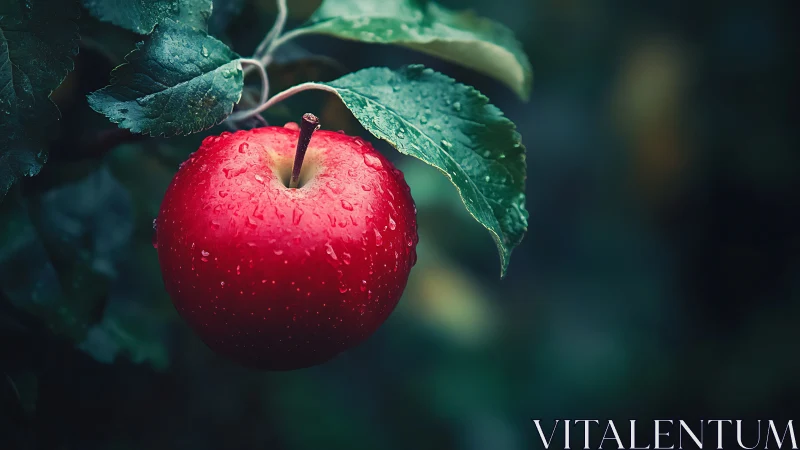 Ripe red apple hangs with water droplets against dark foliage