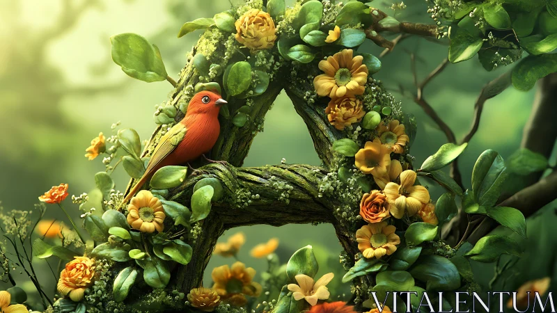 Scarlet songbird on florally encrusted mossy branch in bokeh forest