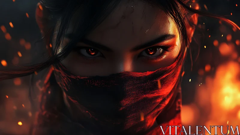 Incandescent-eyed warrior framed by embers and red fabric veil.