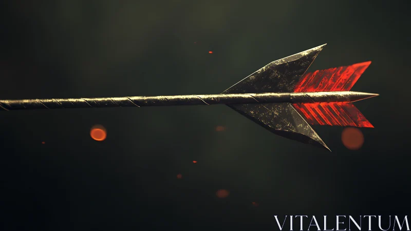 Metal arrow with red fletching is rendered in side profile