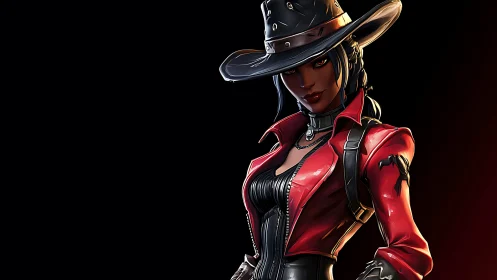 Stylized outlaw heroine in red leather coat under directional rim light