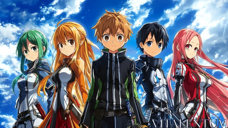 Five stylized anime characters stand aligned under cloudy sky