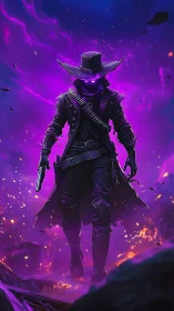 Masked gunslinger figure in glowing purple energy field.