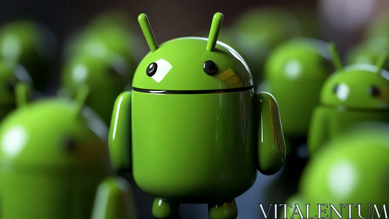 Shiny green android mascot leads a glossy robo-crowd.