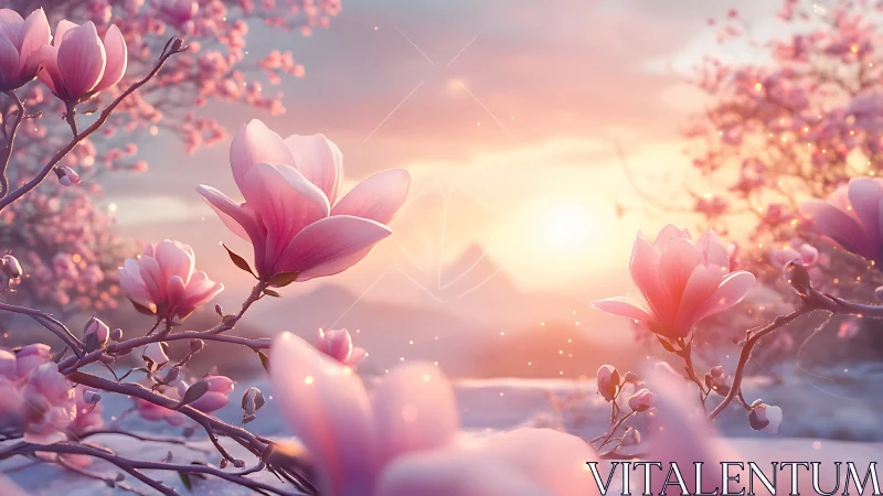 Soft dawn magnolia blossoms in glowing pastel light.