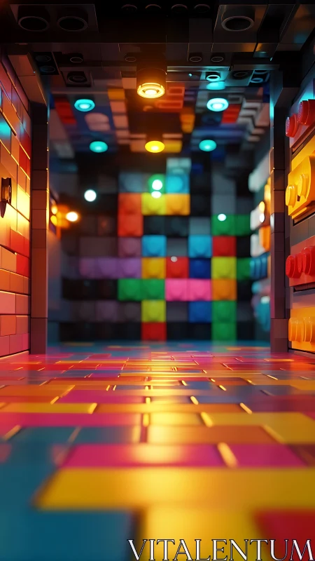 Colorful plastic brick hallway under warm and cool lights