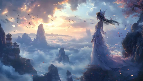 Celestial mountain deity surveying volumetric cloud sea horizon.