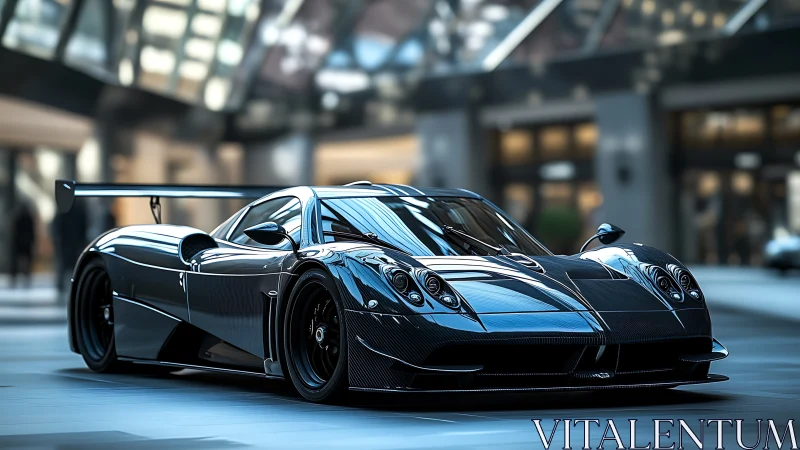 Carbon fiber hypercar stands parked in bright urban plaza