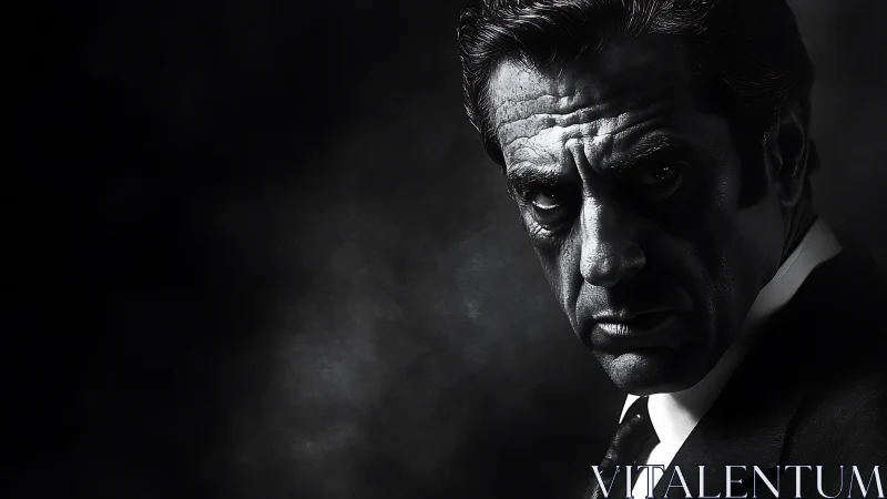 Brooding suited man in stark noir portrait lighting study.