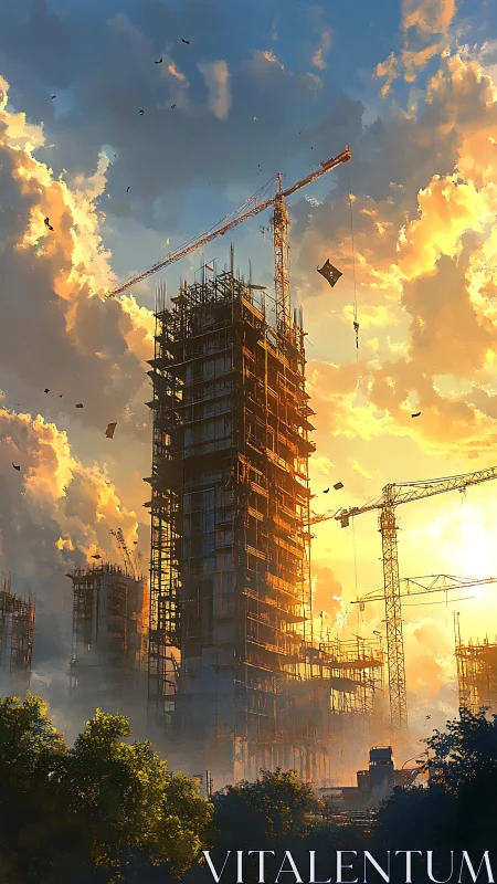 High rise building under construction at sunset sky.