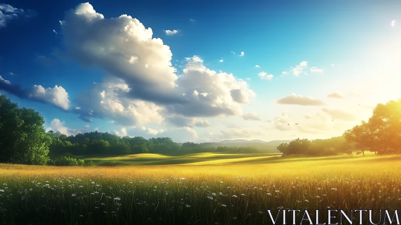 Sunlit meadow drifting toward a dreamy summer horizon.