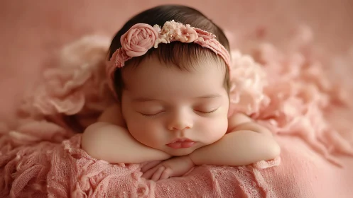 Sleeping newborn girl with pink floral headband on textured fabric.