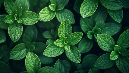 Fresh mint leaves glow softly in a lush green garden