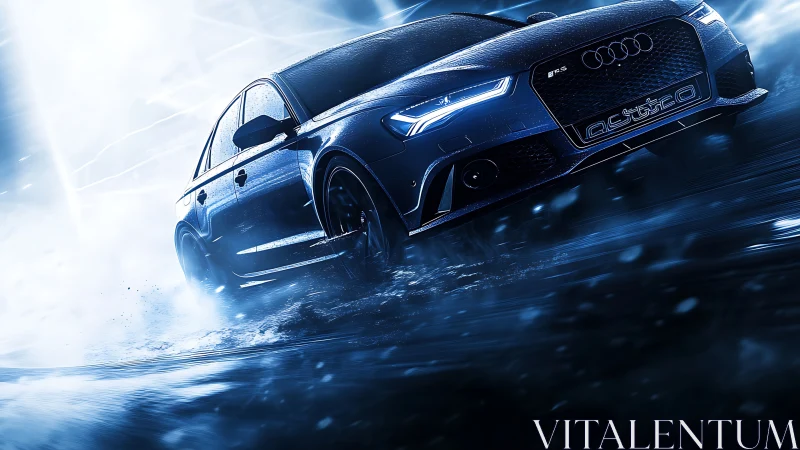 Dynamic 3D render of performance car in high-speed wet drift.