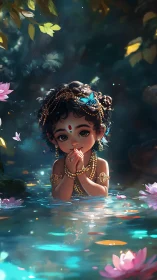 Gentle river child in jeweled calm and glowing petals.