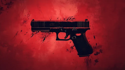 Bold handgun silhouette against vivid red abstract field.