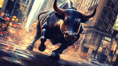 Dynamic metallic bull charging through rain‑soaked city streets