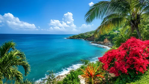 Tropical cliffside cove drenched in turquoise daydream light.