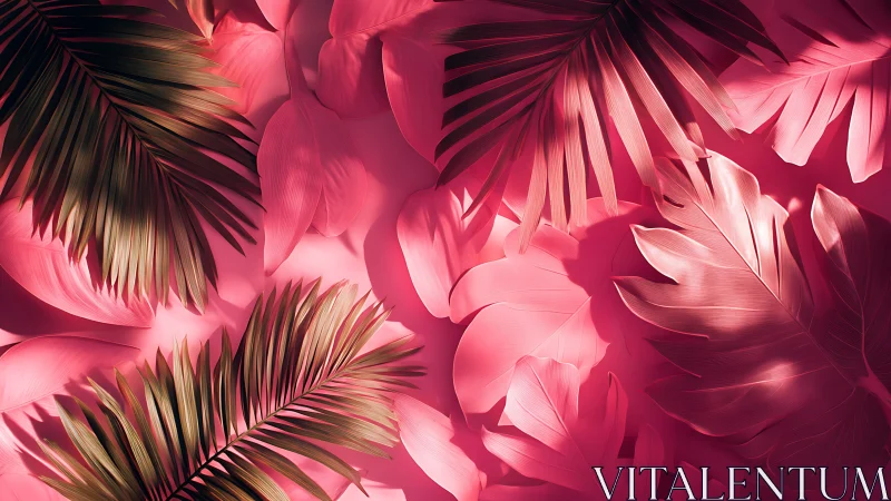 Luminous tropical leaves in bold pink studio lighting.