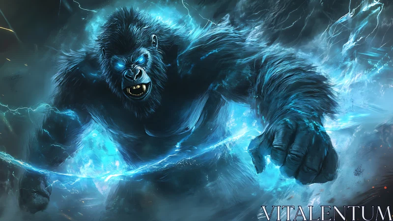 Electric blue gorilla unleashes energy in stormy scene.