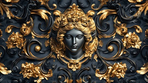 Golden goddess framed by swirling baroque floral dreams.