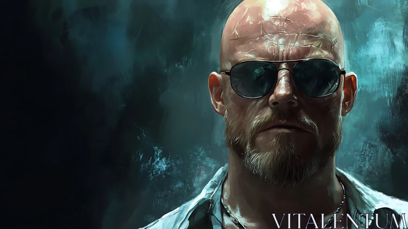 Brooding bald man in shades stands in moody blue light
