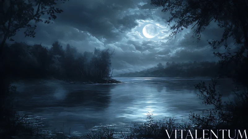 Moonlit river hush under drifting silver storm clouds.