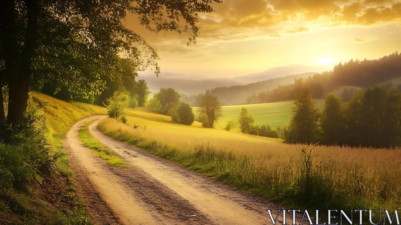 Country dirt road through sunlit fields at golden sunset.