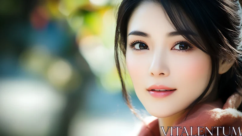 Photorealistic portrait of woman with soft outdoor bokeh.